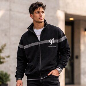 Armani Exchange Black Zip-Up Sweater with Gray Stripe